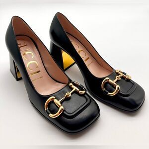 Gucci Baby Horsebit Pumps Black Leather Mid Block
Heel Square Toe EU 37 US 7